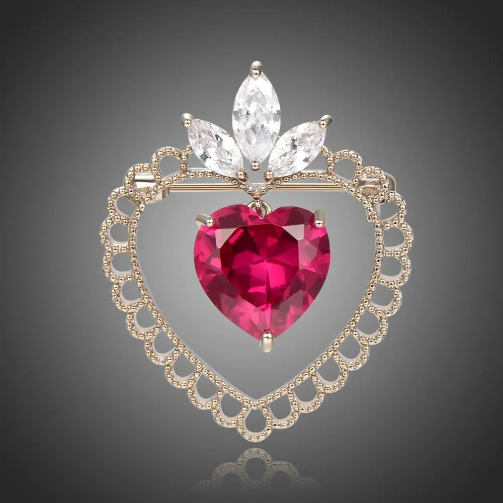 Red Cubic Zirconia Double Heart Brooch -KFJB0110