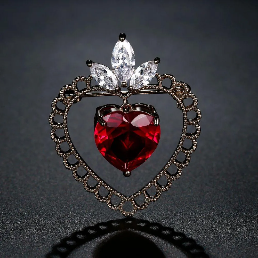Red Cubic Zirconia Double Heart Brooch -KFJB0110