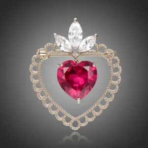 Red Cubic Zirconia Double Heart Brooch -KFJB0110