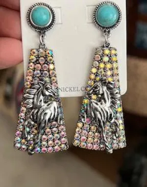 Rhinestone Horse & Turquoise Stud Back Earrings