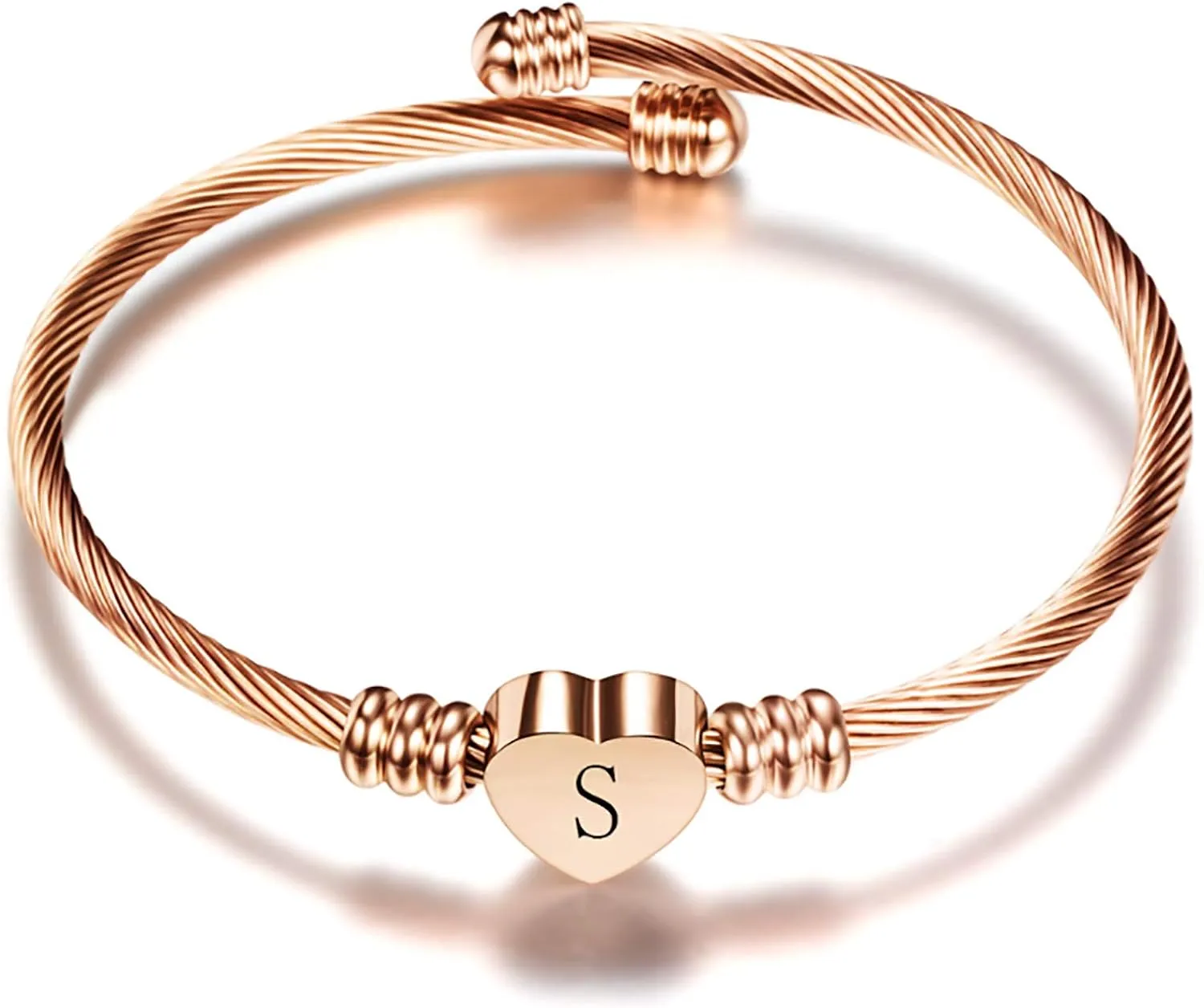 Rose Gold Initial A-Z Letter Cuff Bracelets Love Heart Bangle Bracelets Expandable Name Alphabet Stainless Steel Jewelry for Women