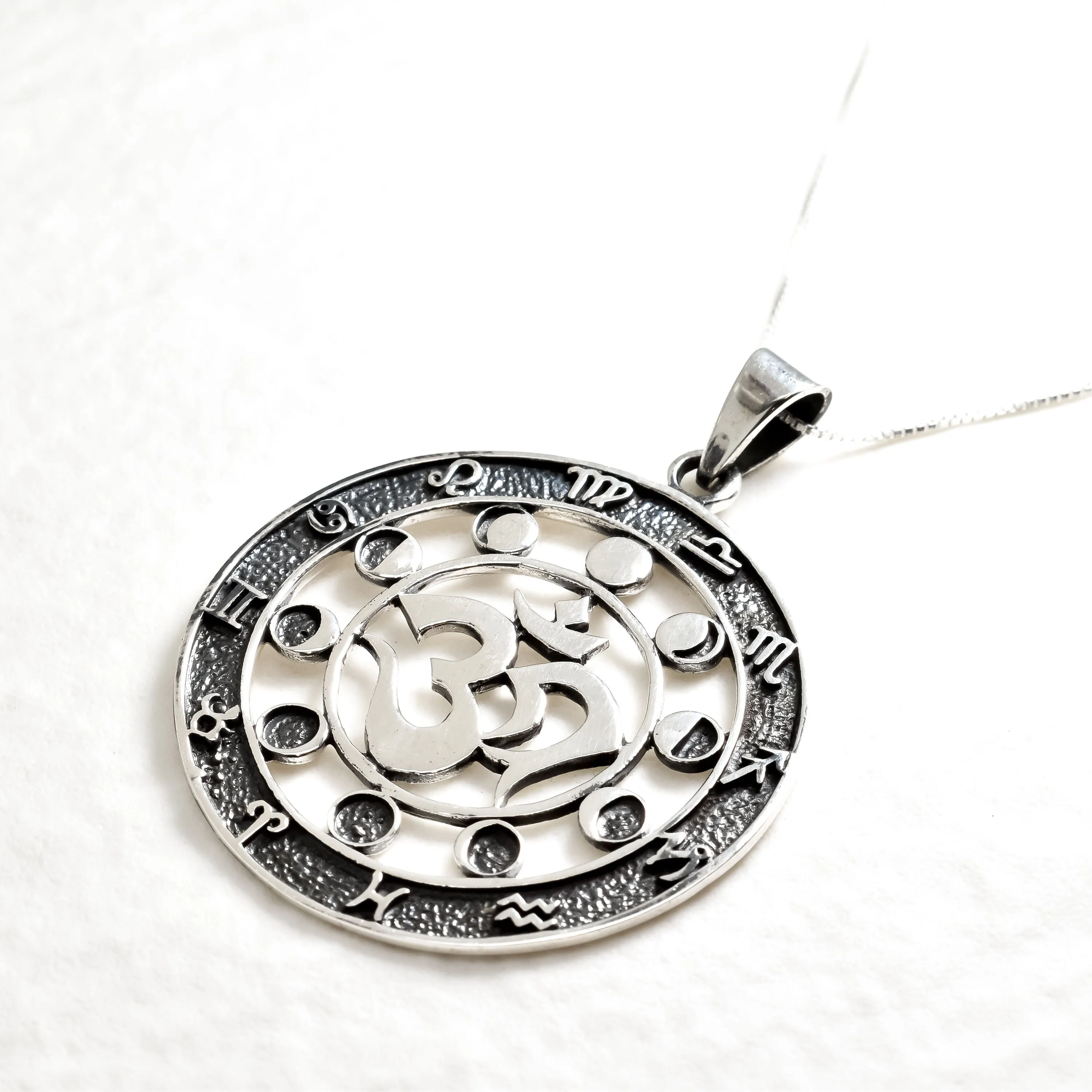 Round Zodiac Necklace - Moon Phase Necklace - Statement Om Pendant