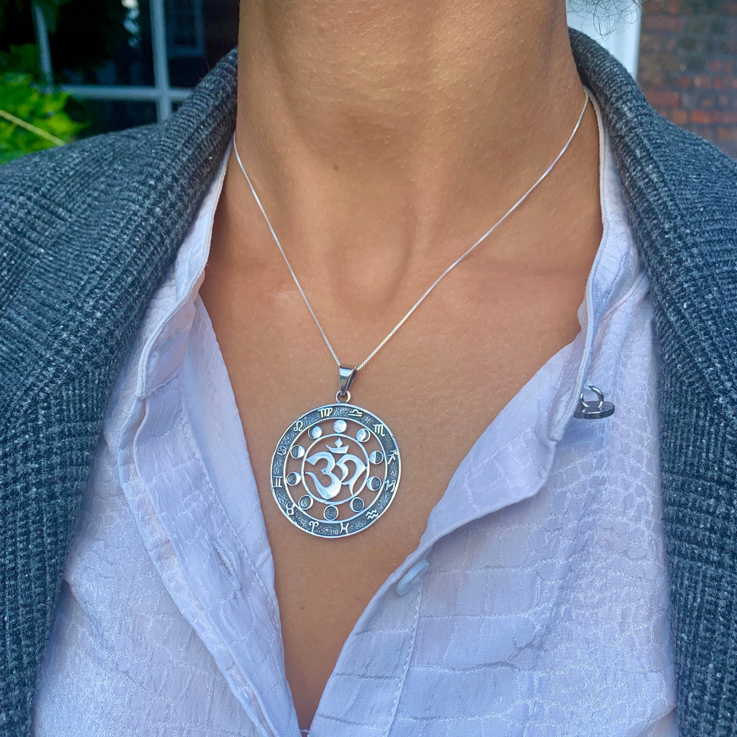 Round Zodiac Necklace - Moon Phase Necklace - Statement Om Pendant