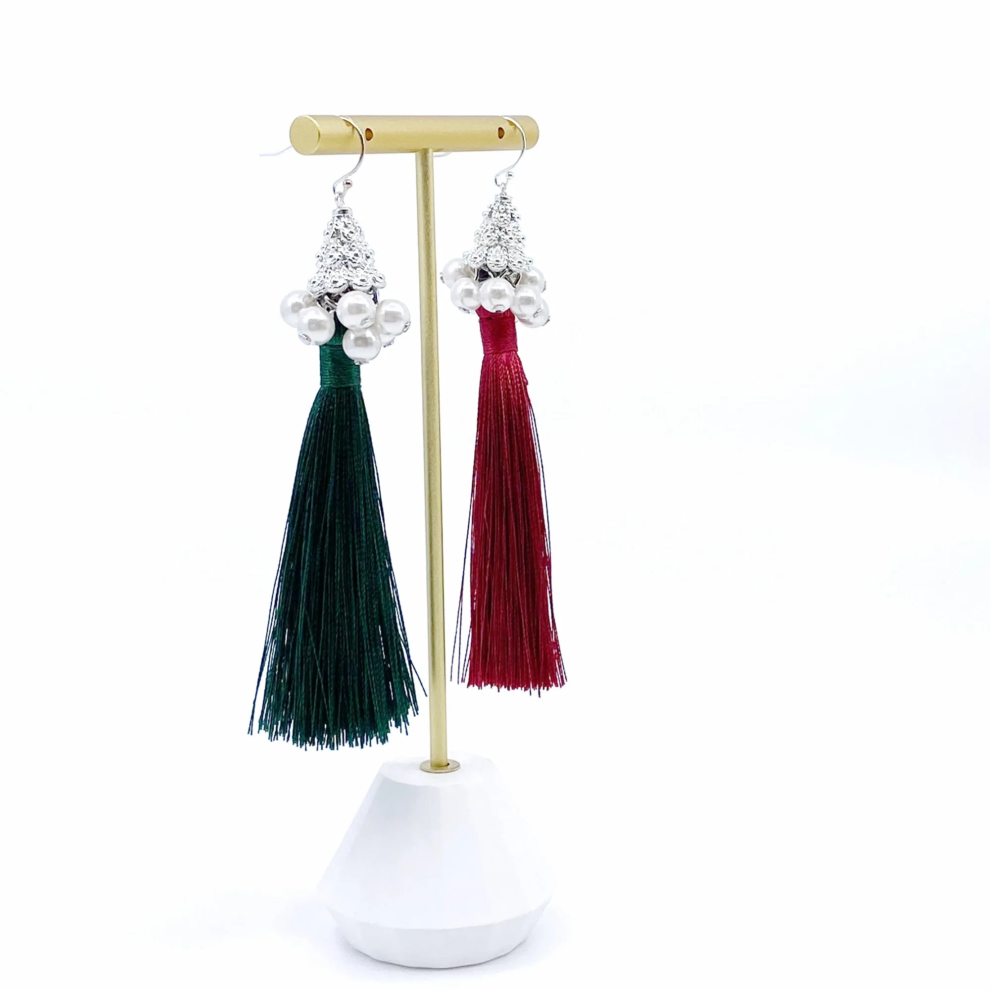 Silver Asymmetrical Earrings with Red and Green Silk Tassel