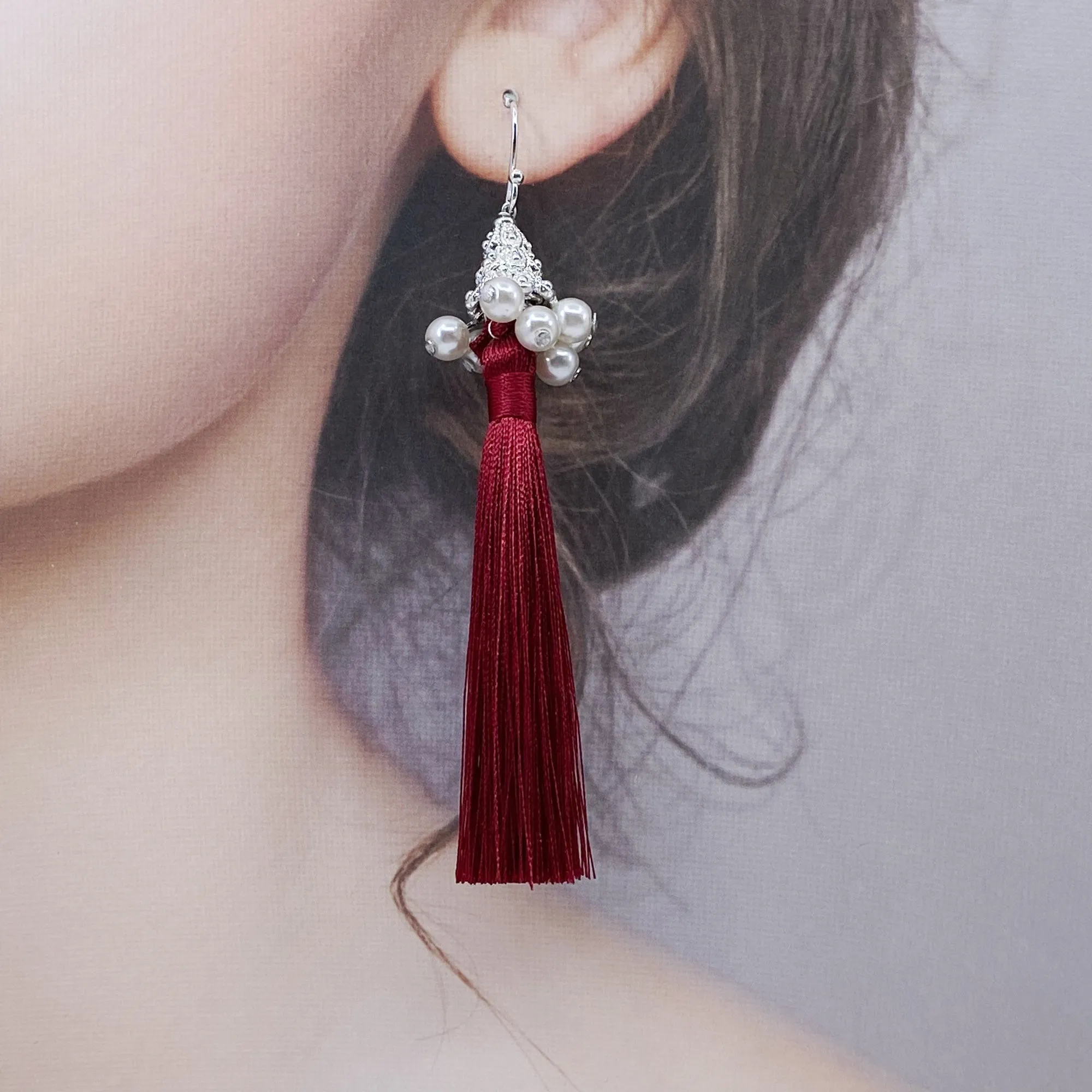 Silver Asymmetrical Earrings with Red and Green Silk Tassel