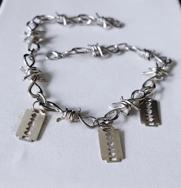 Silver Colored Barbed Wire Necklace w/ Razorblade Details