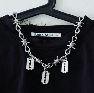Silver Colored Barbed Wire Necklace w/ Razorblade Details
