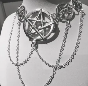 Silver Colored Choker Necklace w/ Pentacle and Chain Details