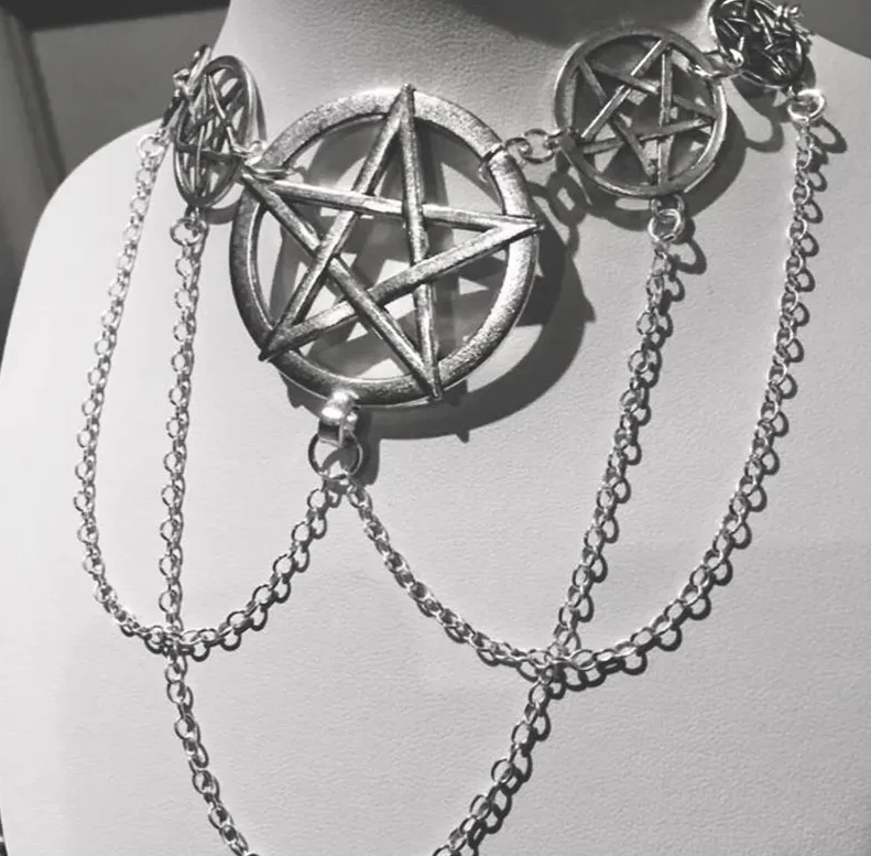 Silver Colored Choker Necklace w/ Pentacle and Chain Details