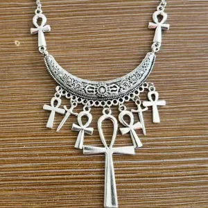 Silver Colored Necklace w/ Multi Hanging Ankh and Dagger Details