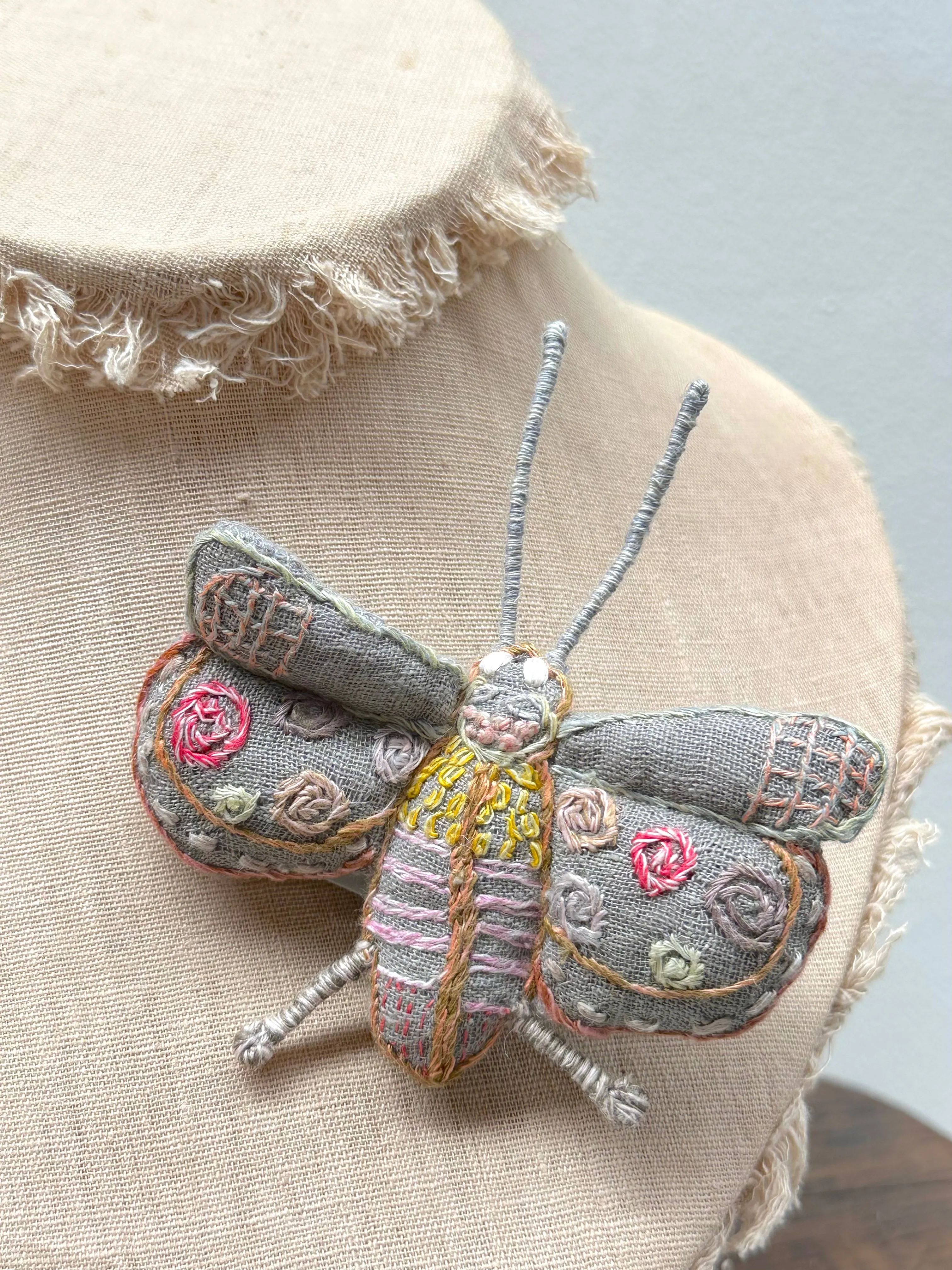 Sophie Digard Linen Butterfly Brooch With Colourful Stitching