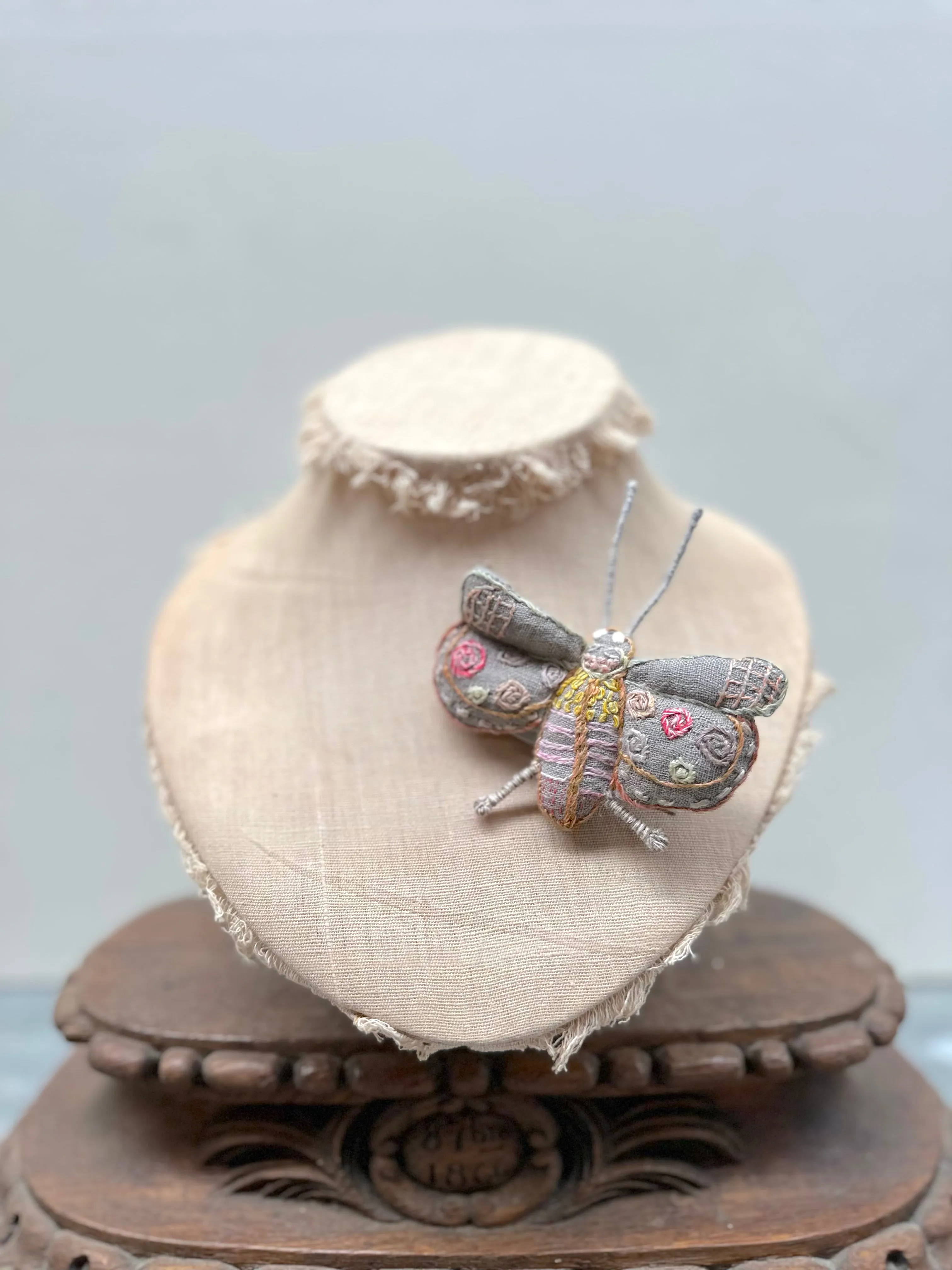 Sophie Digard Linen Butterfly Brooch With Colourful Stitching