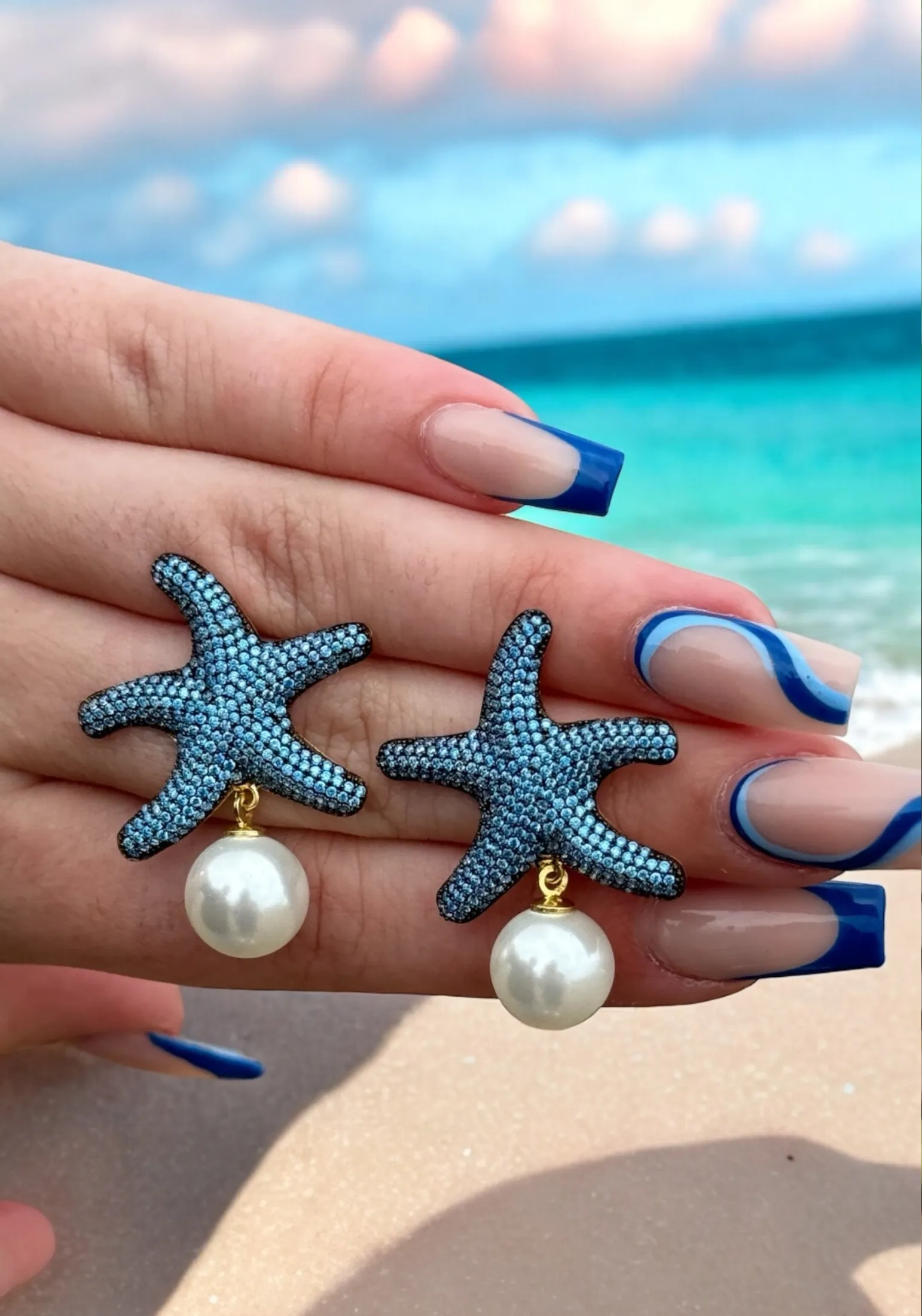 Starfish Pearl Drop Earrings Blue Topaz Cz Gold