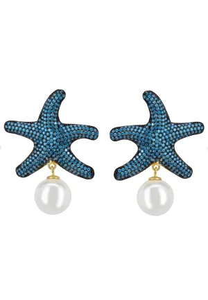 Starfish Pearl Drop Earrings Blue Topaz Cz Gold