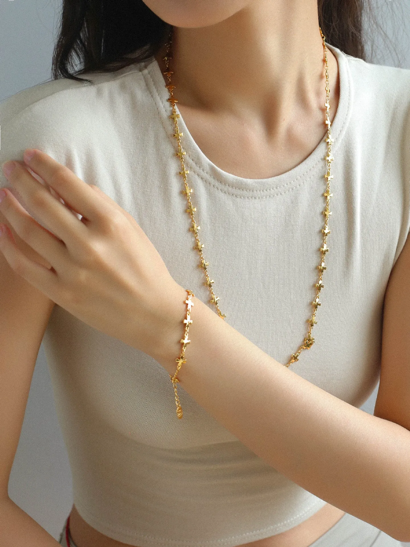 Stylish Chic Long Cross Necklace Gold Silver