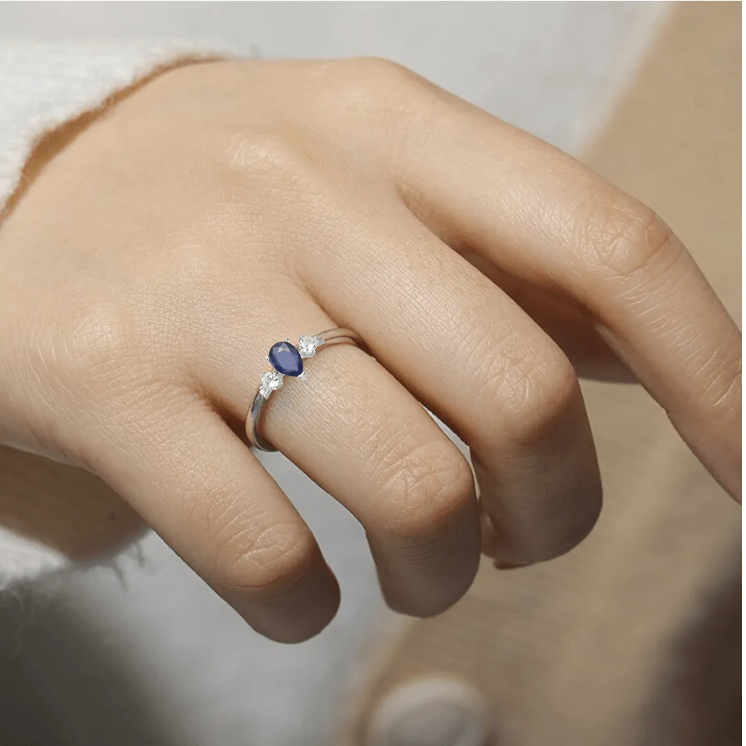 Three Stone Blue Sapphire Teardrop Ring