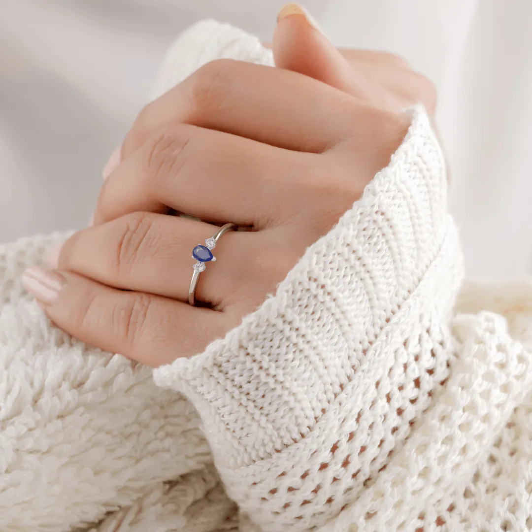 Three Stone Blue Sapphire Teardrop Ring