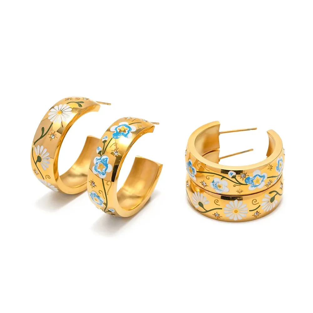 VAIGE Charming Floral Stainless Steel Earrings in Blue and White