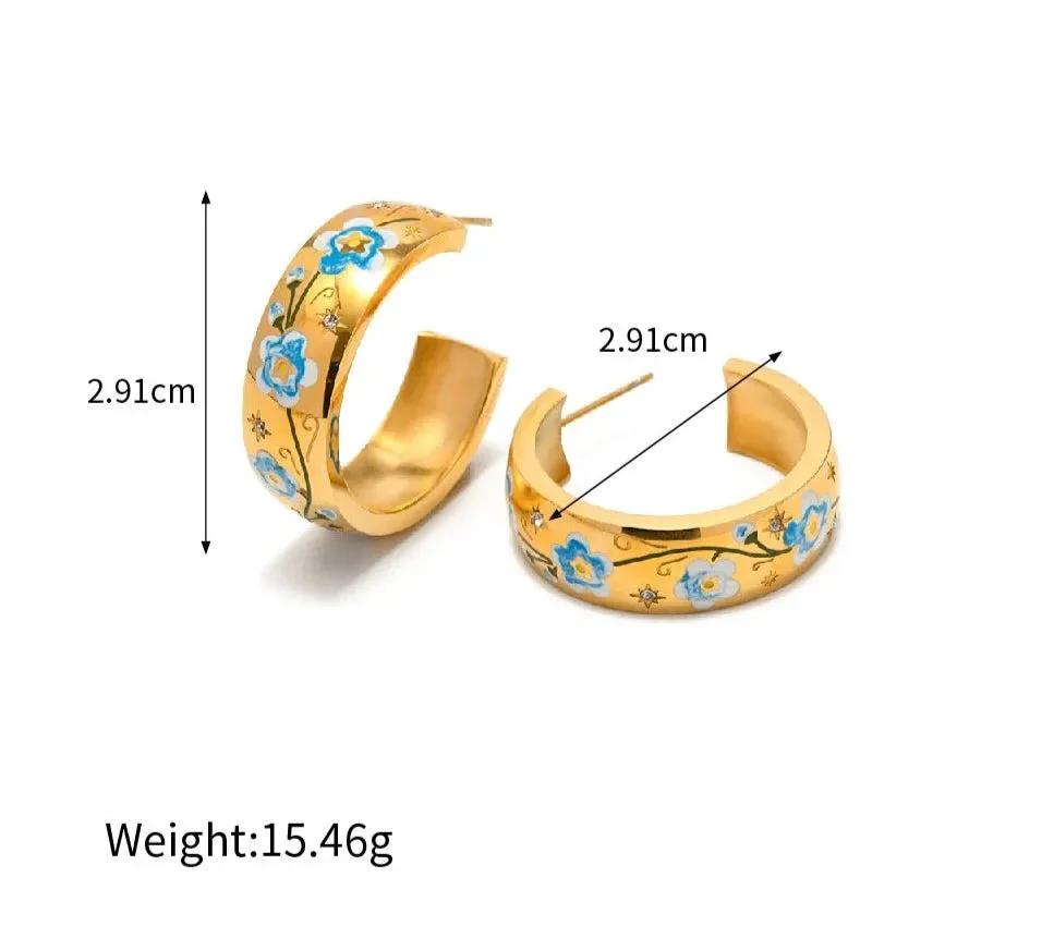 VAIGE Charming Floral Stainless Steel Earrings in Blue and White