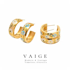 VAIGE Charming Floral Stainless Steel Earrings in Blue and White