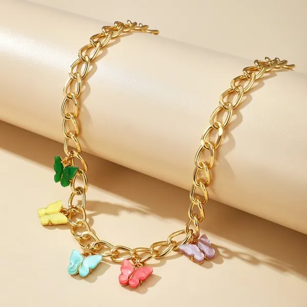 Wholesale colorful alloy thick chain butterfly necklace JDC-NE-C029