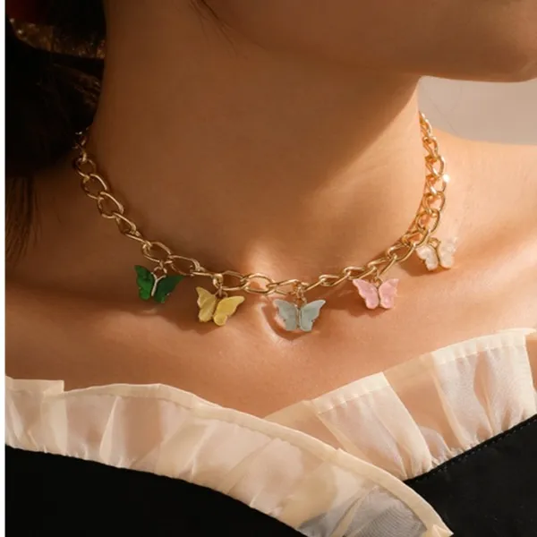 Wholesale colorful alloy thick chain butterfly necklace JDC-NE-C029