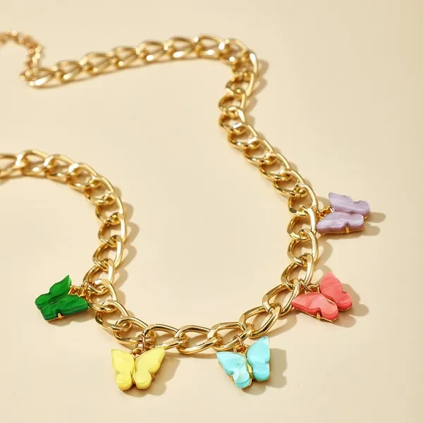 Wholesale colorful alloy thick chain butterfly necklace JDC-NE-C029