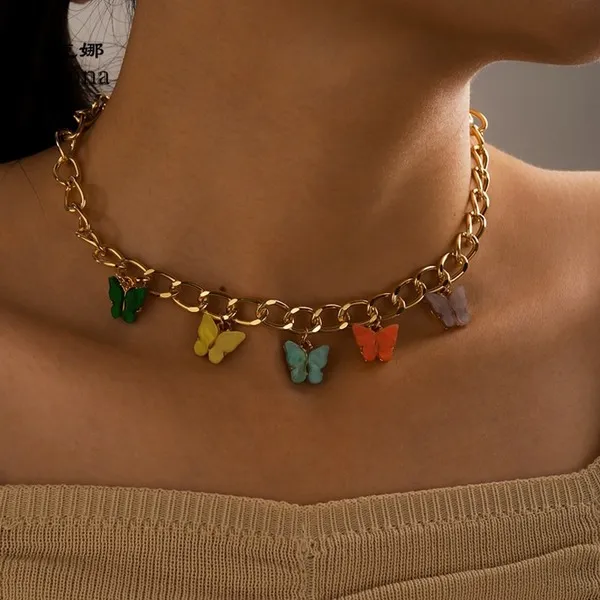 Wholesale colorful alloy thick chain butterfly necklace JDC-NE-C029