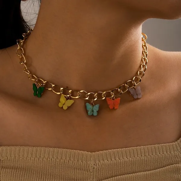 Wholesale colorful alloy thick chain butterfly necklace JDC-NE-C029