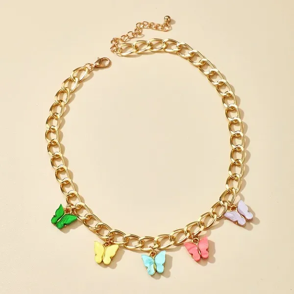 Wholesale colorful alloy thick chain butterfly necklace JDC-NE-C029